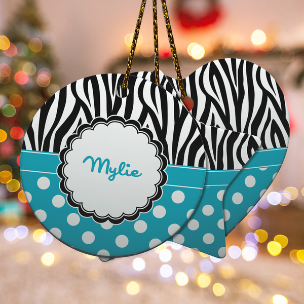 Custom Dots & Zebra Ceramic Ornament w/ Name or Text