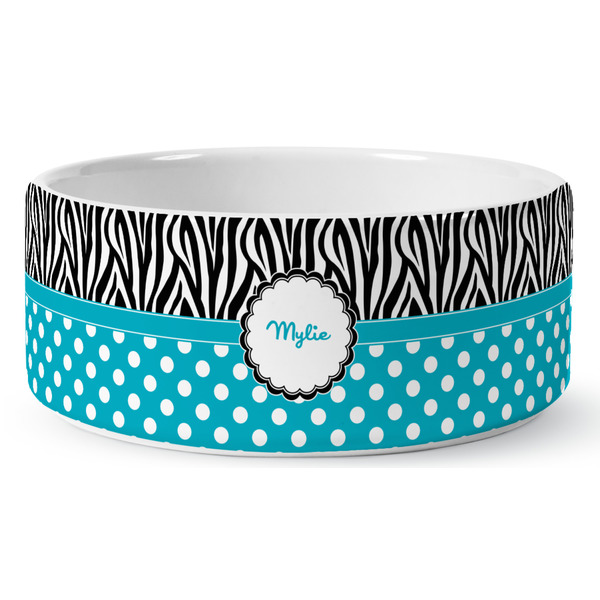 Custom Dots & Zebra Ceramic Dog Bowl - Large (Personalized)