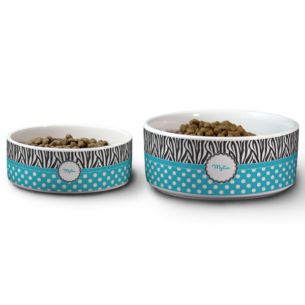 Dots & Zebra Ceramic Dog Bowls - Size Comparison