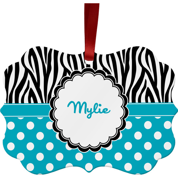 Custom Dots & Zebra Metal Frame Ornament - Double Sided w/ Name or Text