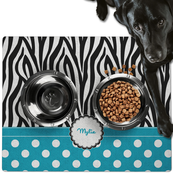 Custom Dots & Zebra Dog Food Mat - Large w/ Name or Text