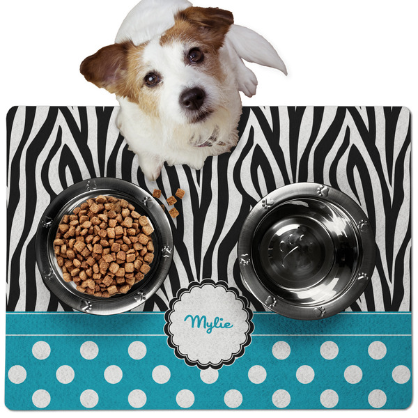 Custom Dots & Zebra Dog Food Mat - Medium w/ Name or Text