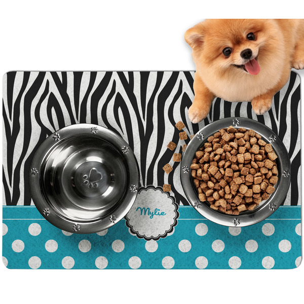 Custom Dots & Zebra Dog Food Mat - Small w/ Name or Text