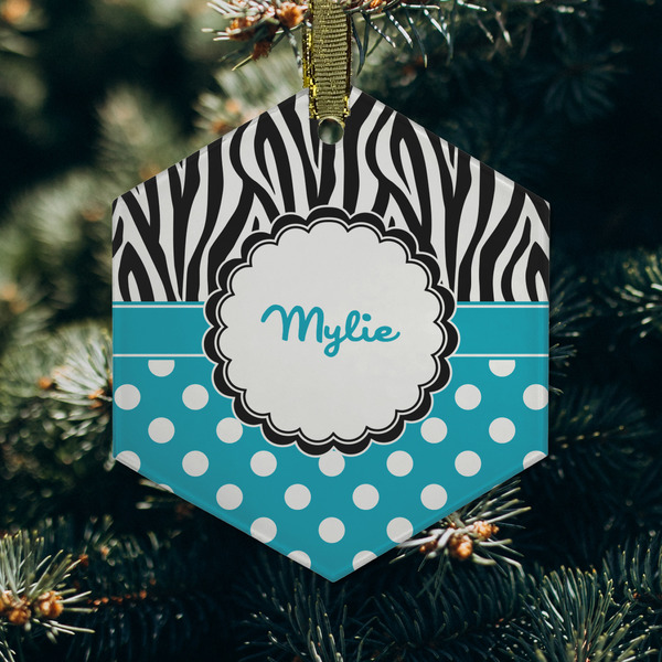 Dots & Zebra Frosted Glass Ornament - Hexagon (Lifestyle)