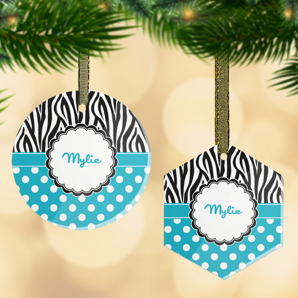 Custom Dots & Zebra Flat Glass Ornament w/ Name or Text