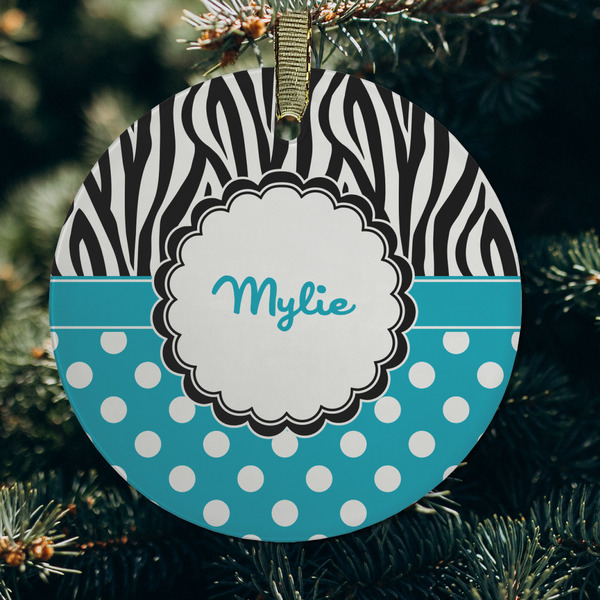 Dots & Zebra Frosted Glass Ornament - Round (Lifestyle)