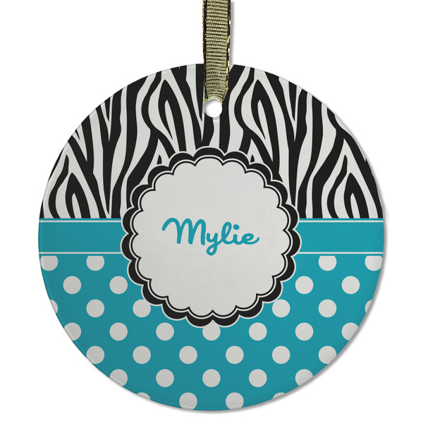 Custom Dots & Zebra Flat Glass Ornament - Round w/ Name or Text