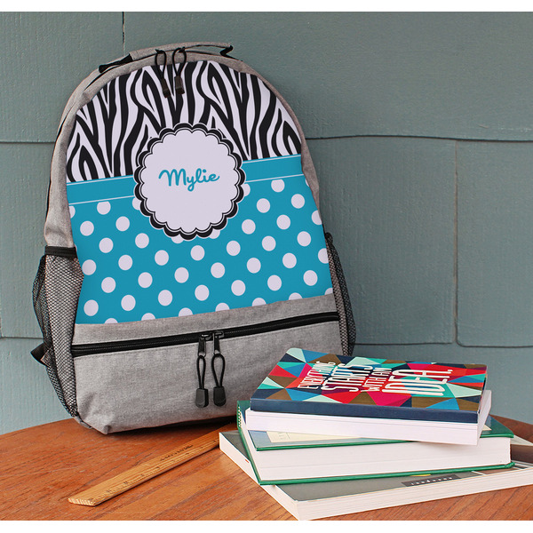Dots & Zebra Large Backpack - Gray - On Desk