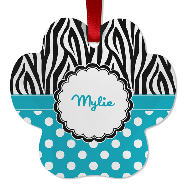 Custom Dots & Zebra Metal Paw Ornament - Double Sided w/ Name or Text