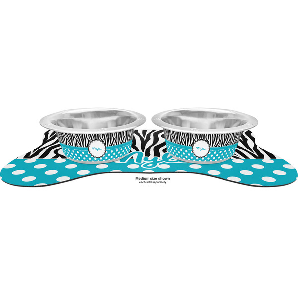 Dots & Zebra Metal Pet Bowls - On Dog Bone Shaped Mat