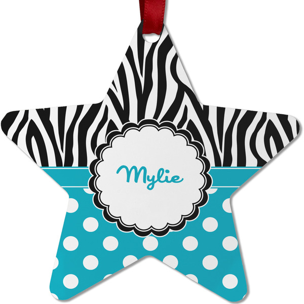 Custom Dots & Zebra Metal Star Ornament - Double Sided w/ Name or Text