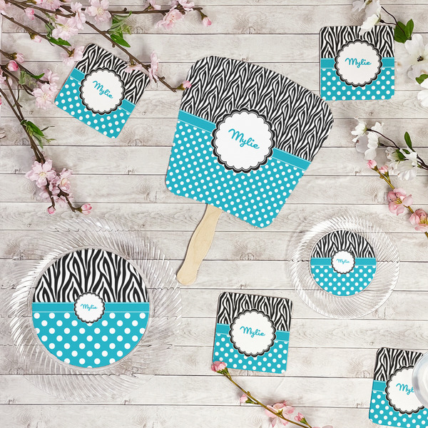 Dots & Zebra Party Supplies Combination Image - All items - Plates, Coasters, Fans