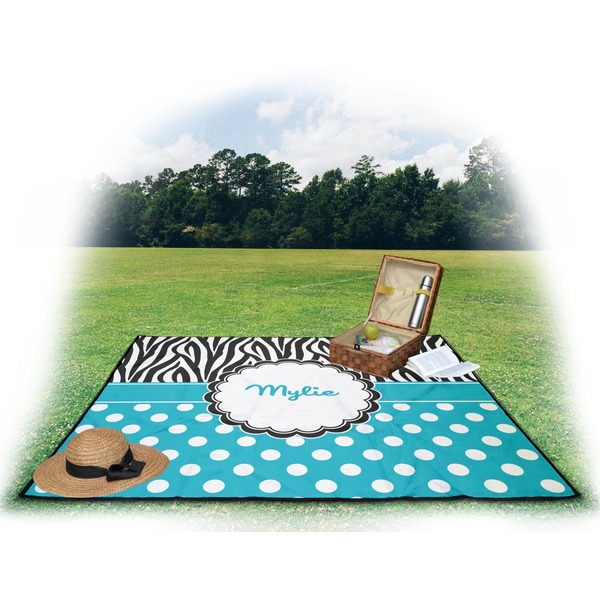 Dots & Zebra Picnic Blanket - with Basket Hat and Book - in Use