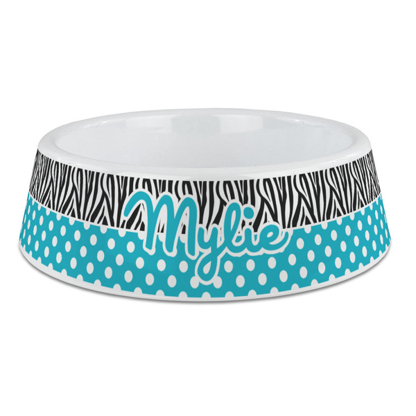 Custom Dots & Zebra Plastic Dog Bowl - Large (Personalized)
