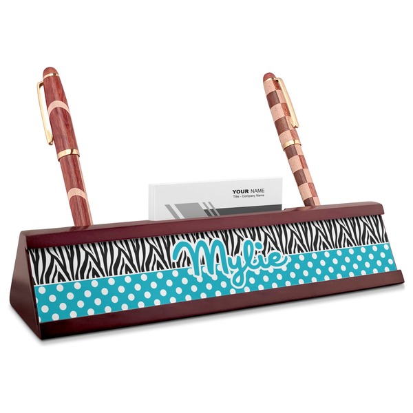 Custom Dots & Zebra Red Mahogany Nameplate with Business Card Holder (Personalized)