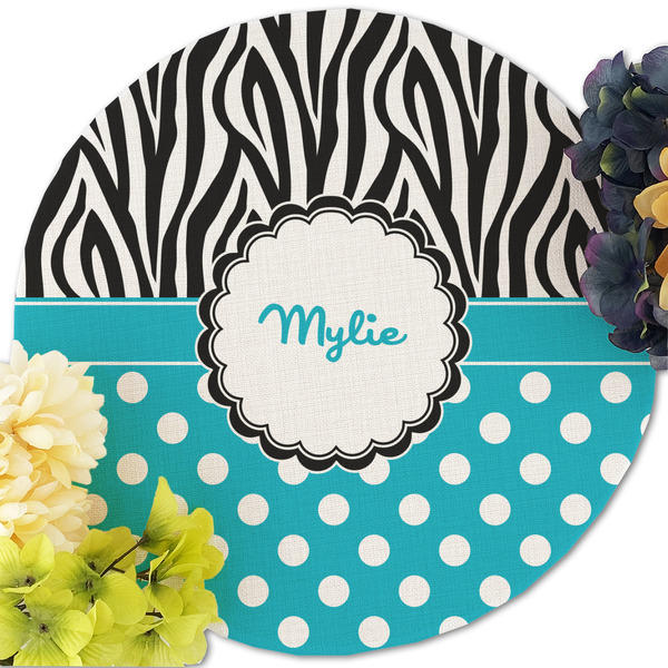 Dots & Zebra Round Linen Placemats - Front (w flowers)