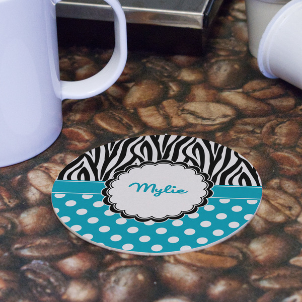 Dots & Zebra Round Paper Coaster - Front
