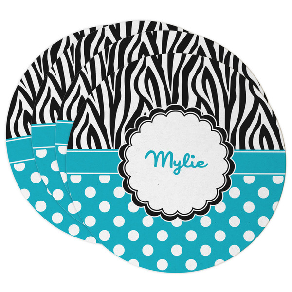 Custom Dots & Zebra Round Paper Coasters w/ Name or Text