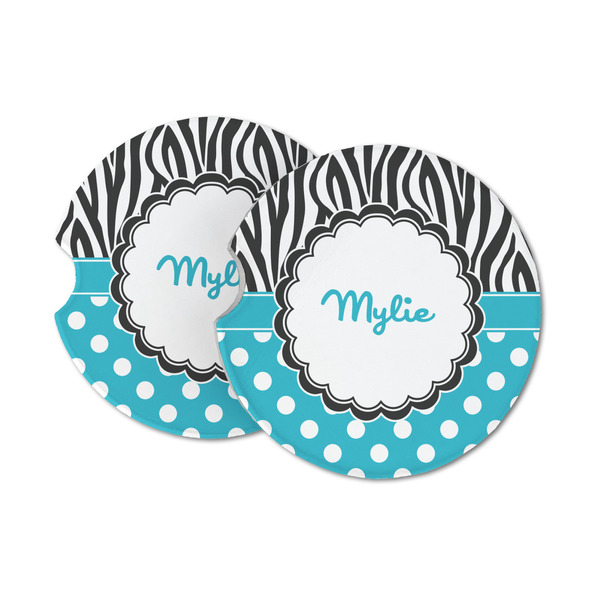 Custom Dots & Zebra Sandstone Car Coasters - Set of 2 (Personalized)