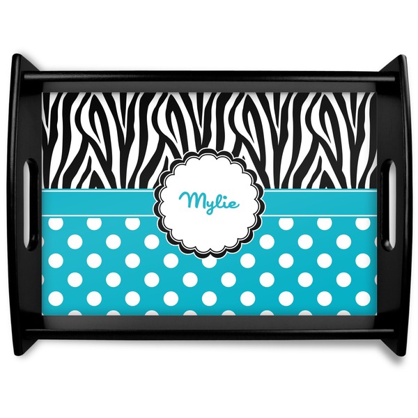 Custom Dots & Zebra Black Wooden Tray - Large (Personalized)