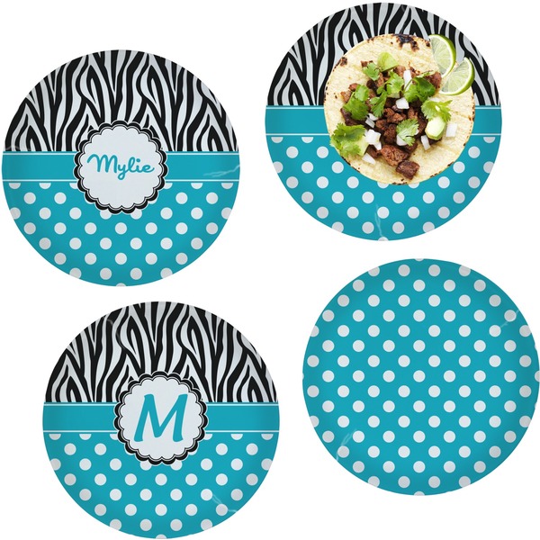 Custom Dots & Zebra Set of 4 Glass Lunch / Dinner Plate 10" (Personalized)
