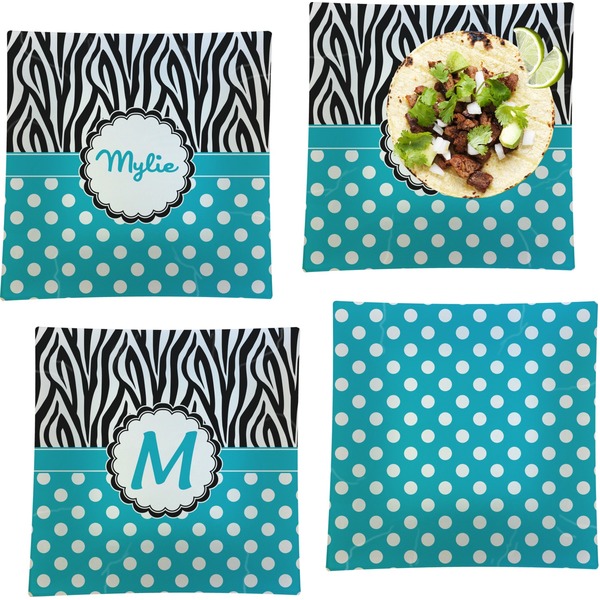 Custom Dots & Zebra Set of 4 Glass Square Lunch / Dinner Plate 9.5" (Personalized)