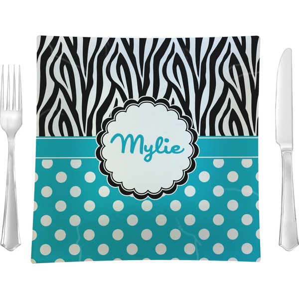 Custom Dots & Zebra 9.5" Glass Square Lunch / Dinner Plate- Single or Set of 4 (Personalized)