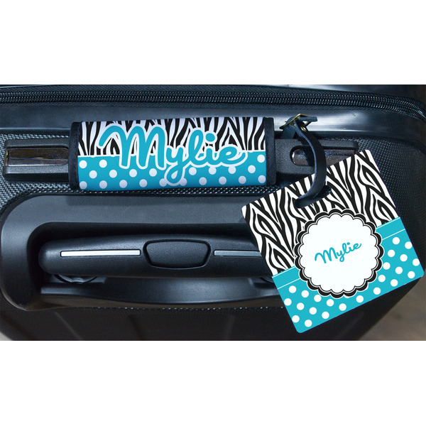 Dots & Zebra Square Luggage Tag & Handle Wrap - In Context