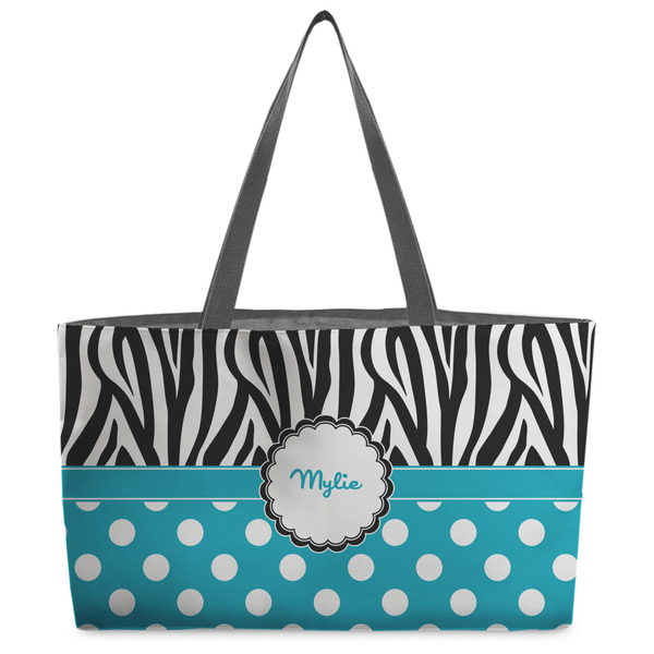 Custom Dots & Zebra Beach Totes Bag - w/ Black Handles (Personalized)