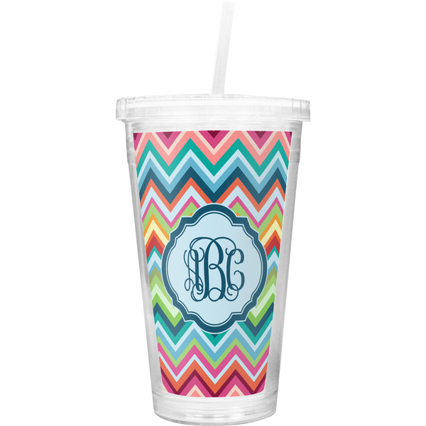 Custom Retro Chevron Monogram Double Wall Tumbler with Straw (Personalized)