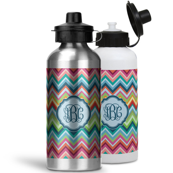 Retro Chevron Monogram Aluminum Water Bottles - MAIN (white &silver)