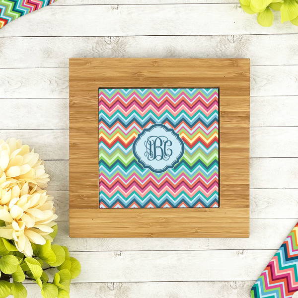 Retro Chevron Monogram Bamboo Trivet with 6" Tile - LIFESTYLE