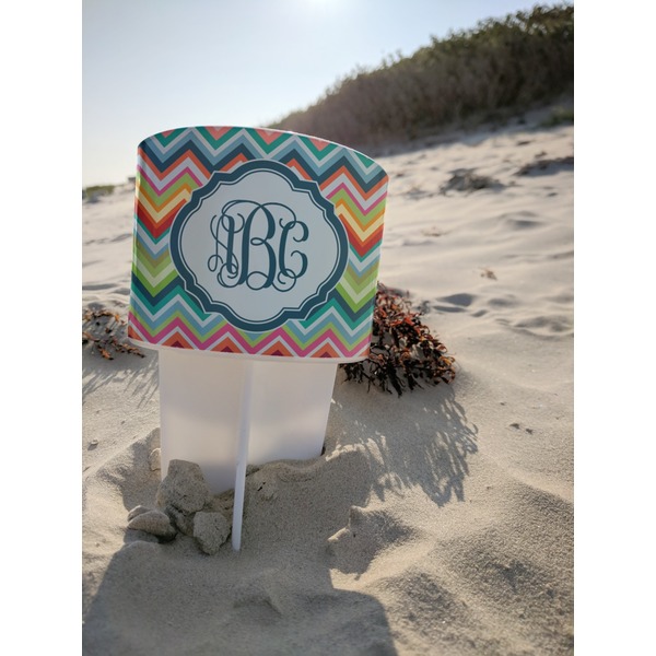 Retro Chevron Monogram Beach Spiker white on beach with sand
