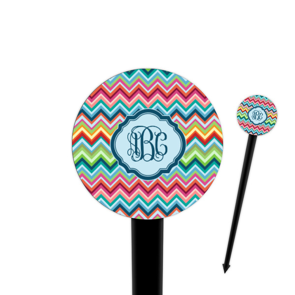 Custom Retro Chevron Monogram 4" Round Plastic Food Picks - Black - Single Sided