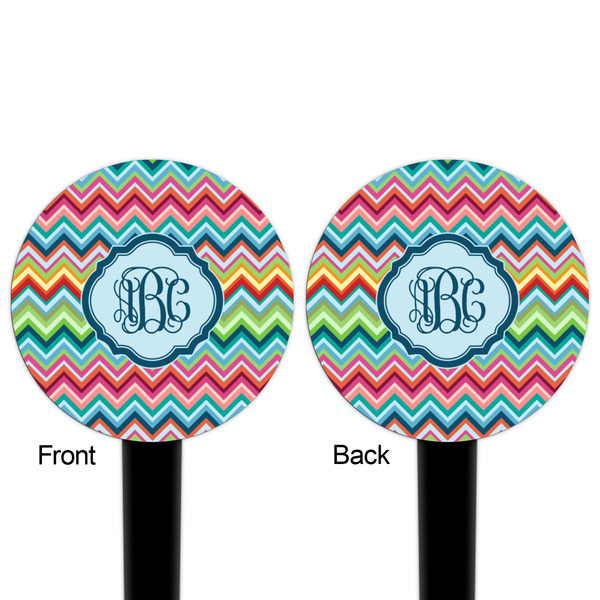 Retro Chevron Monogram Black Plastic 4" Food Pick - Round - Double Sided - Front & Back