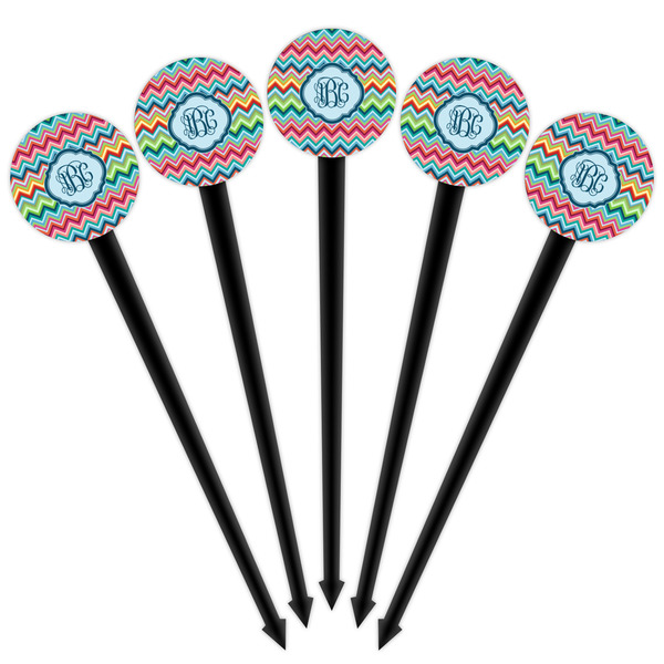 Retro Chevron Monogram Black Plastic 4" Food Pick - Round - Fan View