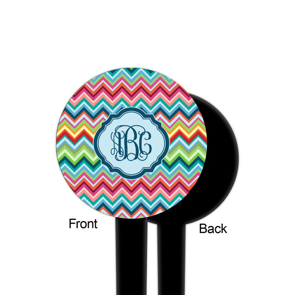 Retro Chevron Monogram Black Plastic 4" Food Pick - Round - Single Sided - Front & Back