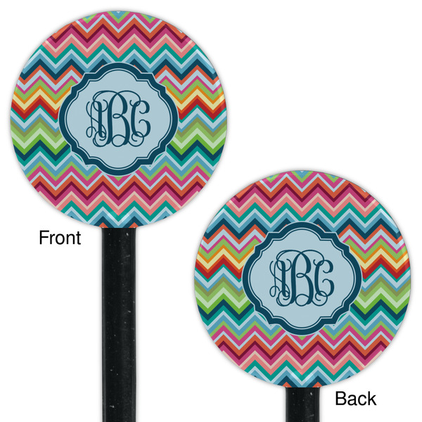 Retro Chevron Monogram Black Plastic 5.5" Stir Stick - Double Sided - Round - Front & Back