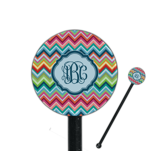Custom Retro Chevron Monogram 5.5" Round Plastic Stir Sticks - Black - Single Sided