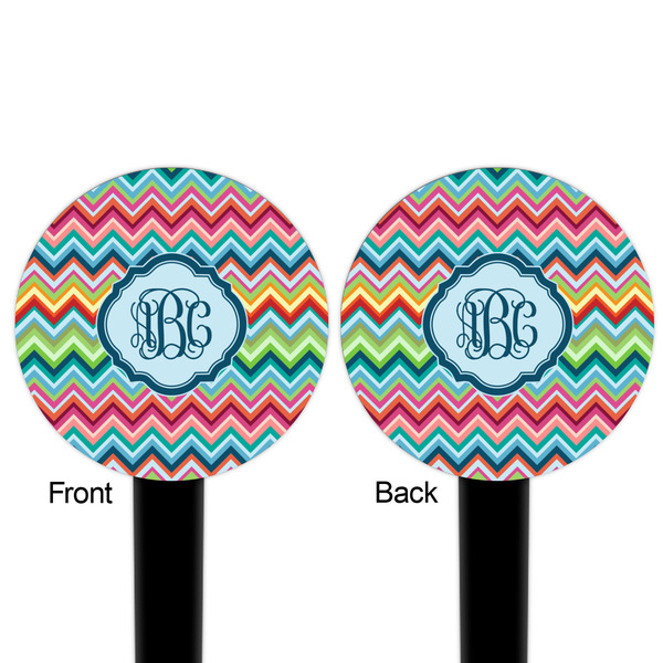 Retro Chevron Monogram Black Plastic 6" Food Pick - Round - Double Sided - Front & Back