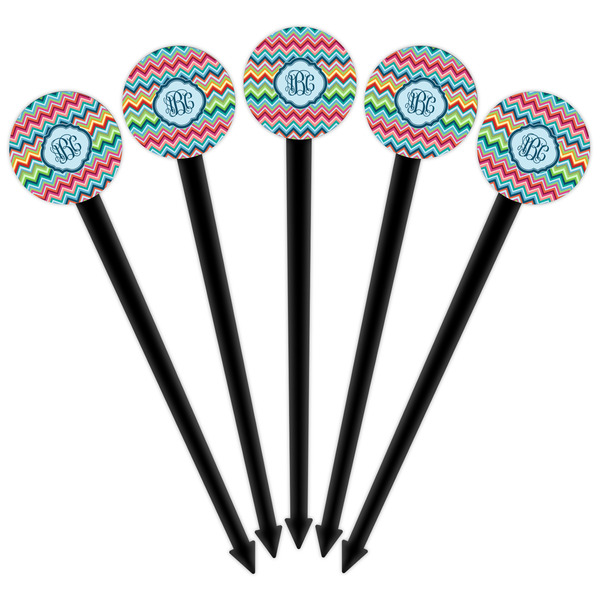 Retro Chevron Monogram Black Plastic 6" Food Pick - Round - Fan View