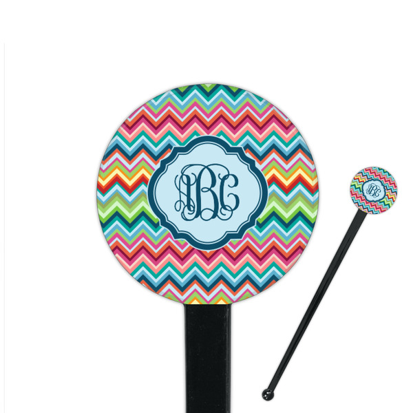 Custom Retro Chevron Monogram 7" Round Plastic Stir Sticks - Black - Single Sided