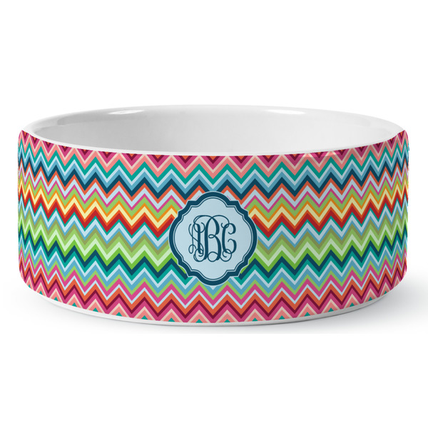 Custom Retro Chevron Monogram Ceramic Dog Bowl - Medium (Personalized)