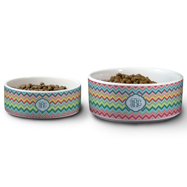 Retro Chevron Monogram Ceramic Dog Bowls - Size Comparison