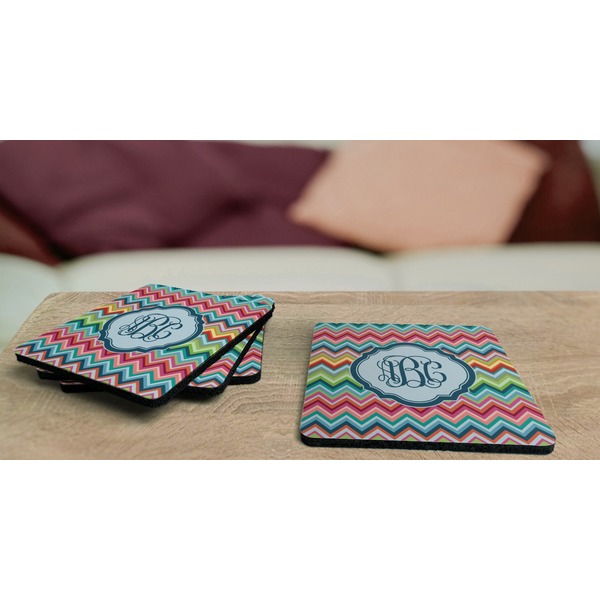 Retro Chevron Monogram Coaster Rubber Back - On Coffee Table