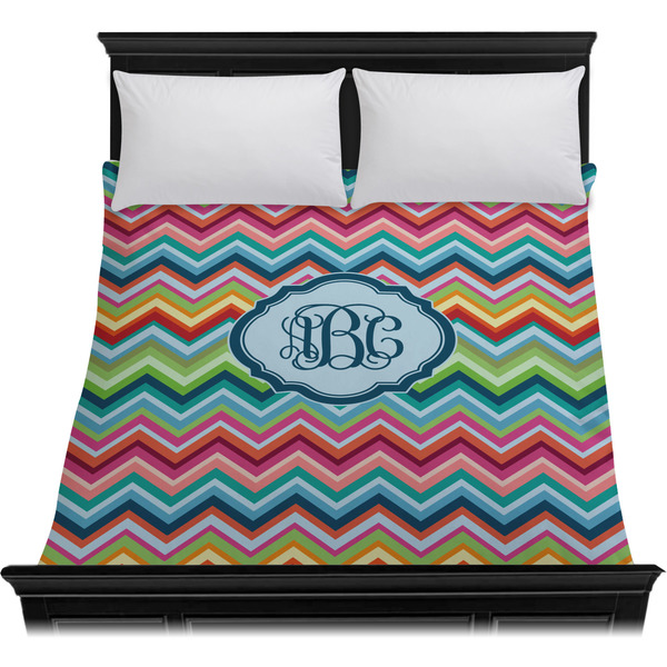 Retro Chevron Monogram Duvet Cover - Queen - On Bed - No Prop
