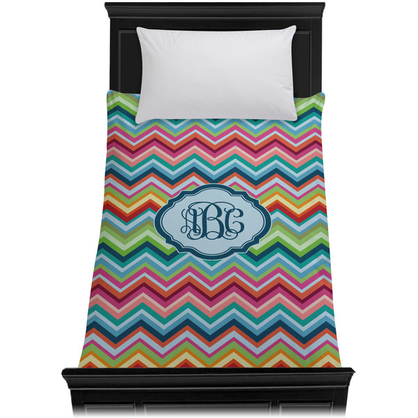 Retro Chevron Monogram Duvet Cover - Twin - On Bed - No Prop