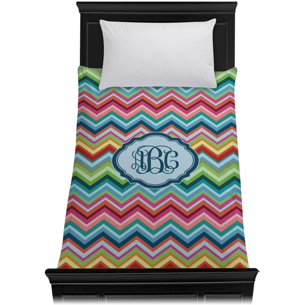 Retro Chevron Monogram Duvet Cover - Twin XL - On Bed - No Prop