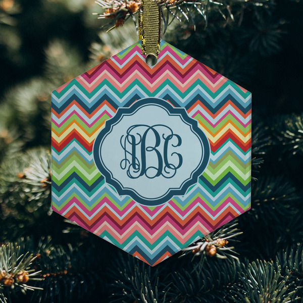 Retro Chevron Monogram Frosted Glass Ornament - Hexagon (Lifestyle)