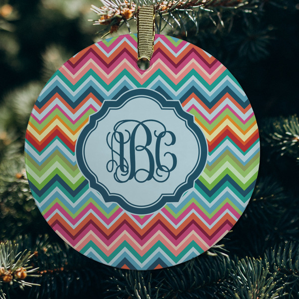 Retro Chevron Monogram Frosted Glass Ornament - Round (Lifestyle)